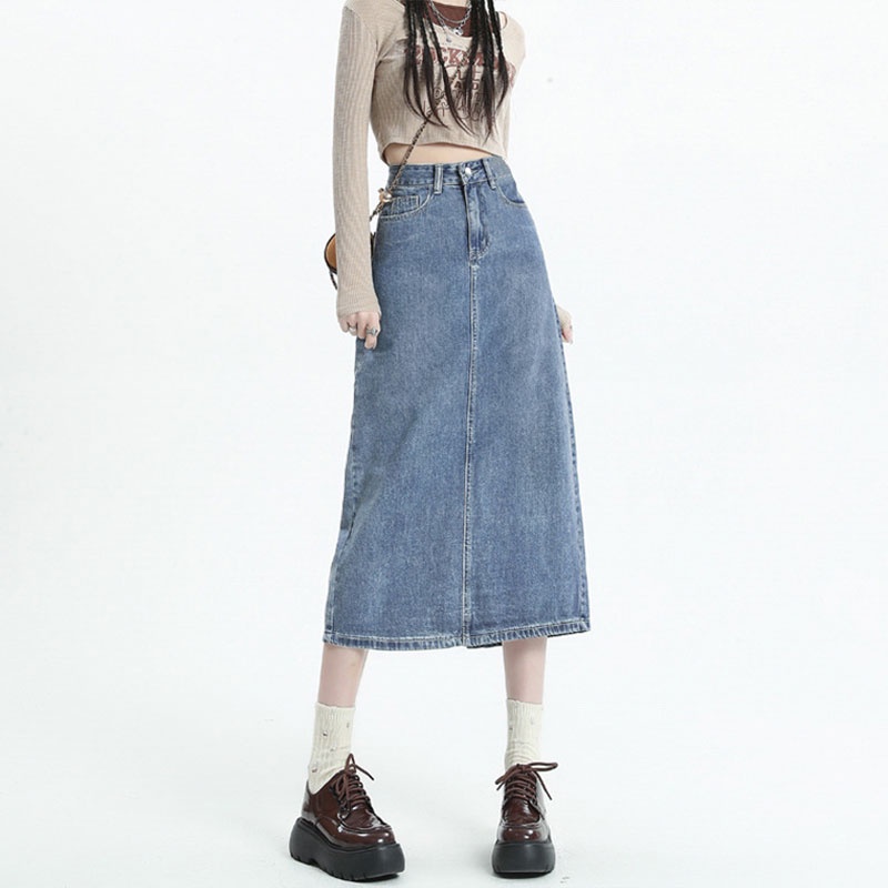 ZhuXia Chân Váy Jean Chữ A Lưng Cao Xẻ Tà Phong Cách Cổ Điển Dành Cho Nữ