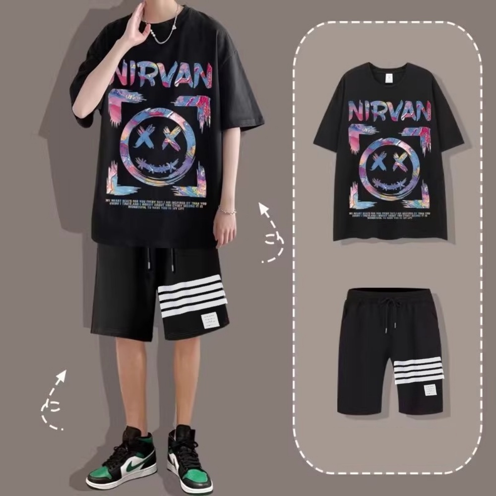Mẫu mới combo áo thun form rộng hình mặt cười nirvan kèm quần short sọc ngang cá tính sozo top 016 ghep short 016