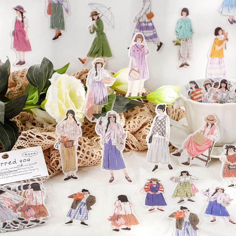 Zican Set 40 Sticker Giấy Washi Hình Cô Gái Đáng Yêu Trang Trí Sổ Tay