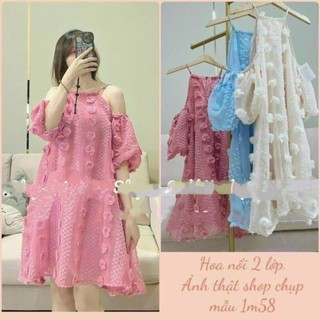 Đầm suông cổ yếm tay rớt vai chất xô bông hột 2 lớp xinh xắn-váy xuông xô bông - Thủy Vinatage