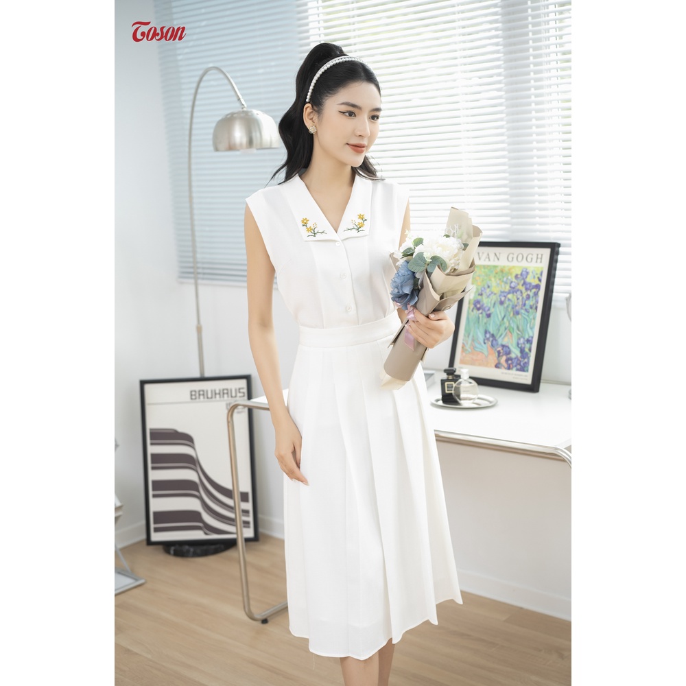 Áo trắng linen vai chờm, cổ thêu họa tiết Limitted Toson 14050W93
