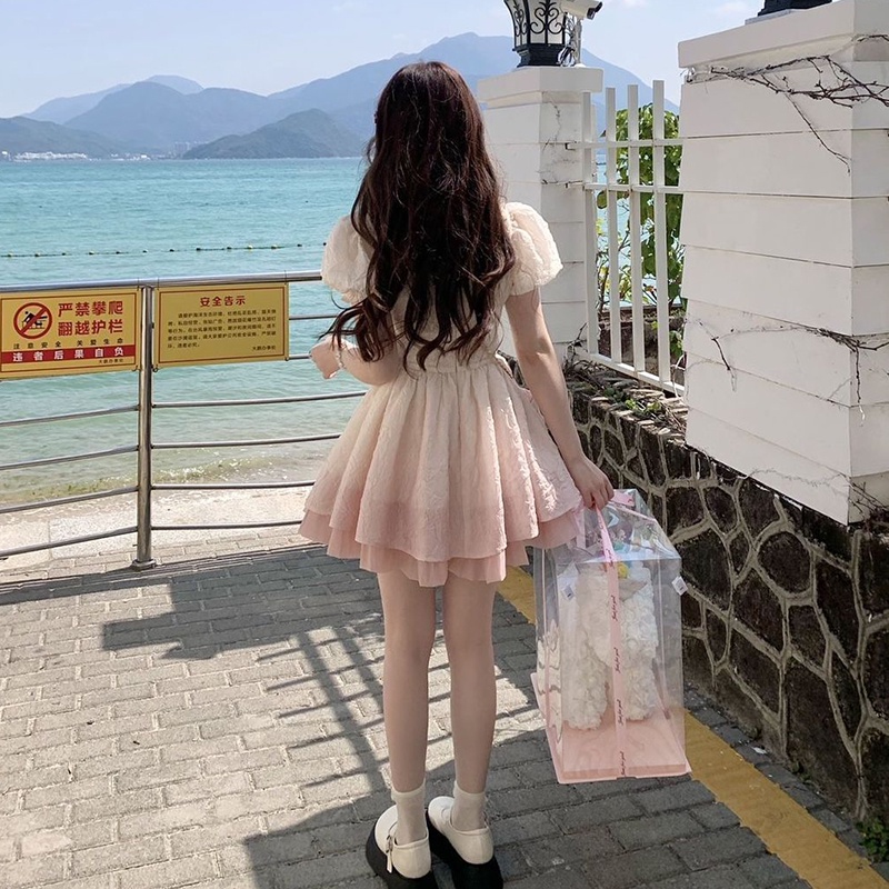 IELGY    Đầm Ngắn Chiết Eo Màu Hồng gradient Trắng Và Ngọt Ngào Phong Cách Hàn Quốc Cho Nữ