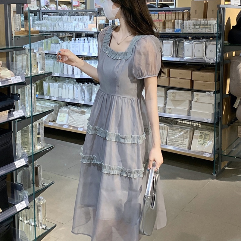 IELGY   Đầm Eo Cao Phối Ren Mỏng Màu Trơn Phong Cách IELGY    mori Dành Cho Nữ