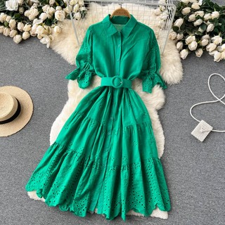 Đầm Sơ Mi Midi Tay Phồng Thêu Họa Tiết Rỗng Nhẹ Nhàng Thanh Lịch Thời Trang Mùa Hè 2023 Mới