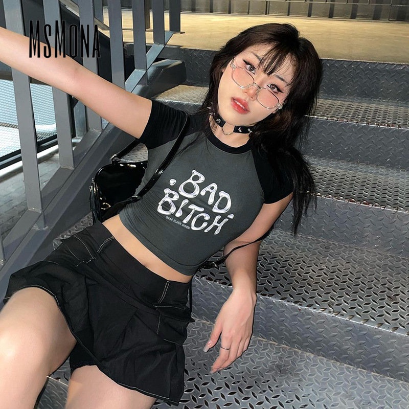 Áo Thun Tay Ngắn Cổ Tròn In Chữ Phối Màu Tương Phản Thời Trang 2023 Quyến Rũ Cho Nữ