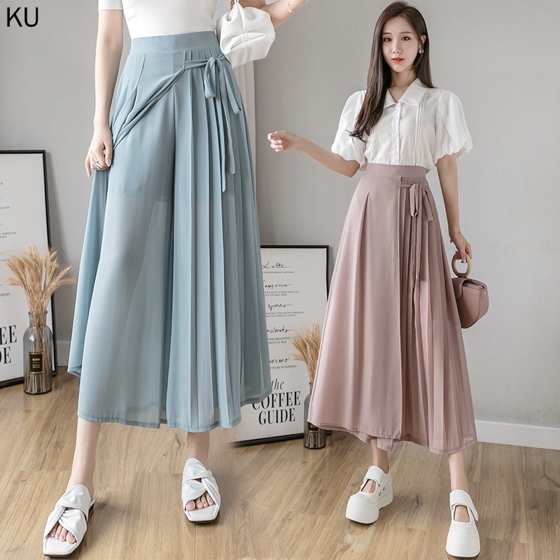 Quần Voan Ống Rộng Lưng Thun Xếp Ly Mẫu Mới 2023 Phong Cách Hàn Quốc Thời Trang Cho Nữ
