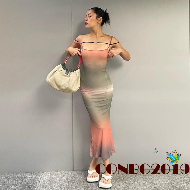 Đầm Hai Dây Cổ Thuyền Eo Cao Họa Tiết Màu Nhuộm Thời Trang Mùa Hè Cho Nữ