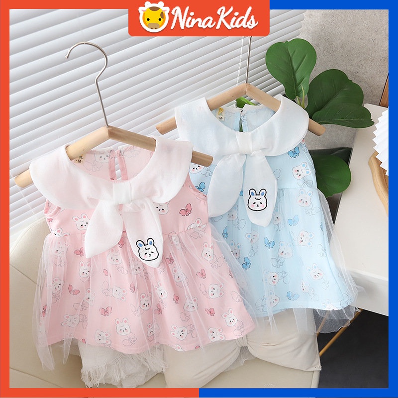 Đầm Công Chúa Cổ Bẻ Phối Lưới Họa Tiết Thỏ Hoạt Hình Phong Cách Hàn Quốc Cho Bé Gái 0-5 Tuổi