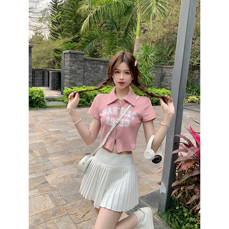 Áo polo Ngắn Ôm Dáng Phối Khóa Kéo Đôi In Chữ Kiểu Hàn Quốc Thời Trang Mùa