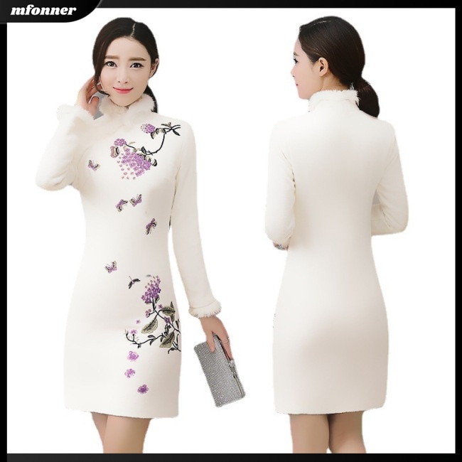 Đầm Sườn Xám Cách Tân Dài Tay Lót Lông Cừu Dày Cỡ Lớn Thời Trang Mùa Đông Thanh Lịch Cho Nữ
