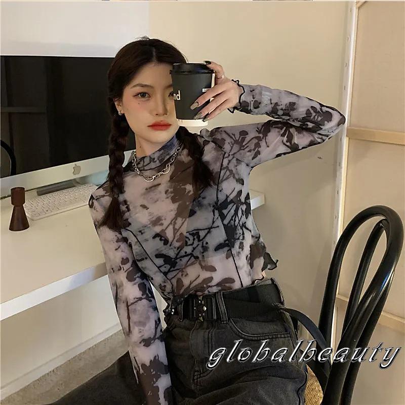 Gb-áo Thun Crop Top Tay Dài Cổ Thuyền Phối Lưới Mỏng In Họa Tiết Trừu Tượng Cho Nữ