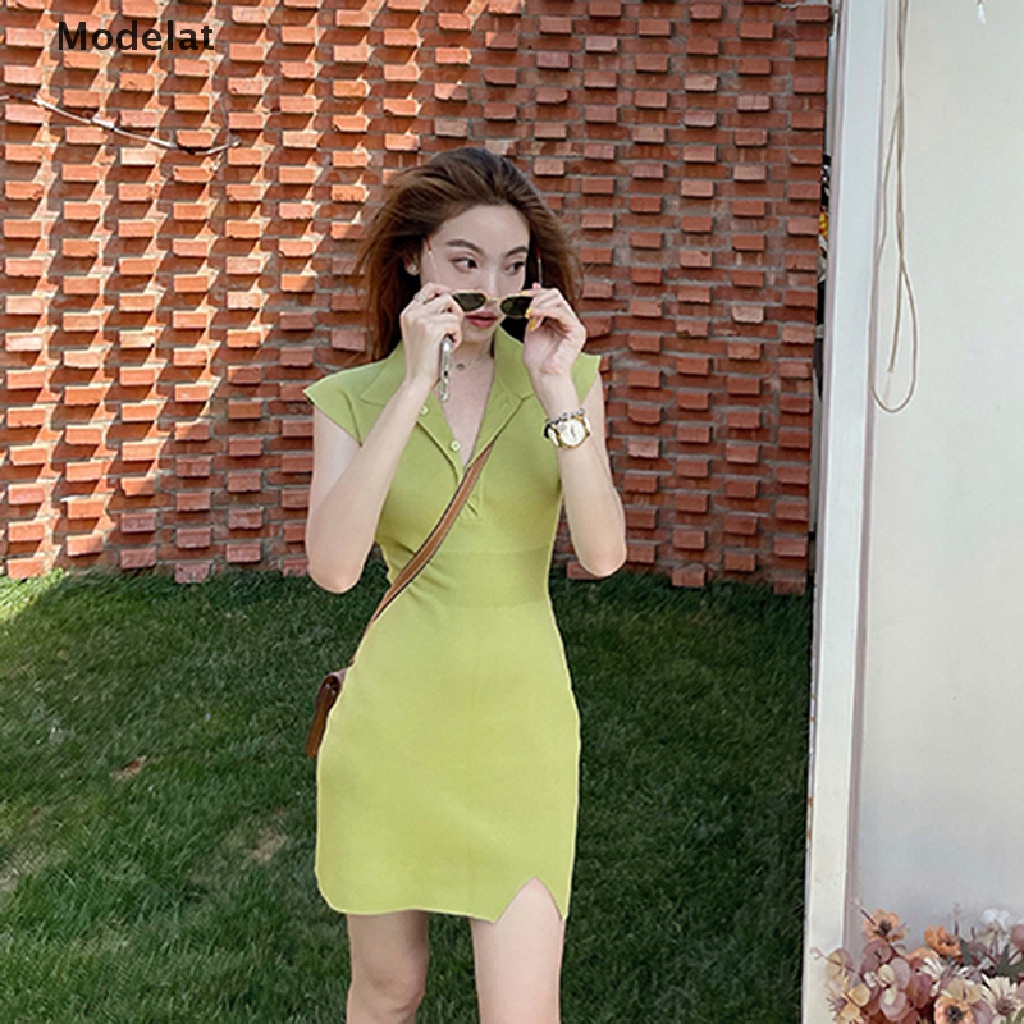 Đầm Dệt Kim Mini Sát Nách Cổ Chữ V Màu Trơn Thanh Lịch Thời Trang Mùa Hè