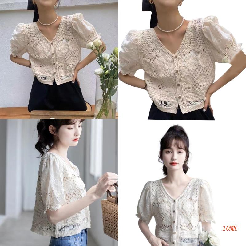 Áo Voan Dệt Kim Ngắn Tay Cổ Chữ V Phối Nút Xinh Xắn Thời Trang