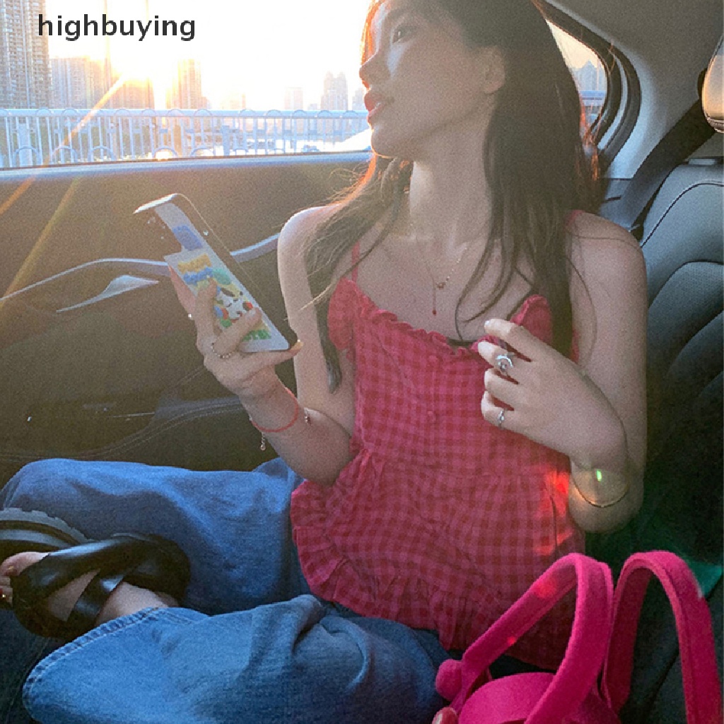 Áo Hai Dây Y2k Nhún Bèo Họa Tiết Caro Ngọt Ngào Thời Trang Đường Phố Cho Nữ