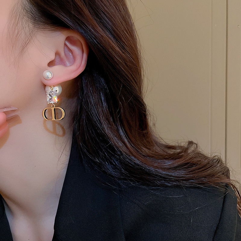 Bông Tai Mạ Bạc 2023 S925 Hình Chữ CD Đính Ngọc Trai Độc Đáo Thời Trang Phong Cách Hàn