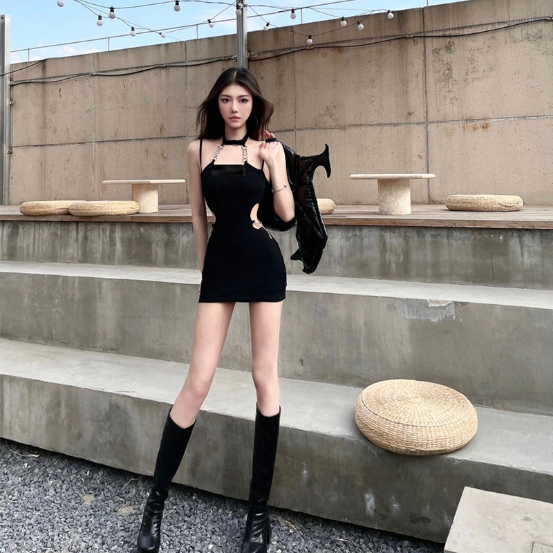 [F &amp; X] Đầm Hai Dây Màu Đen Khoét Rỗng Gợi Cảm Thời Trang Mùa Hè Cao Cấp Thiết Kế Độc Đáo Cho Nữ