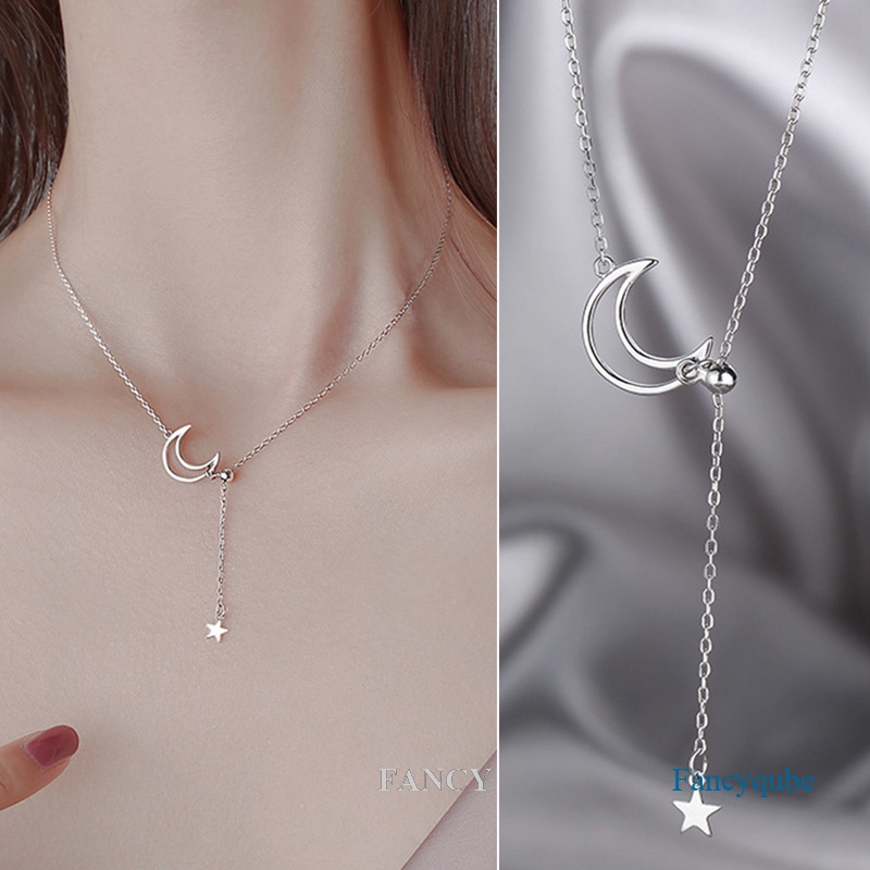 Vòng cổ Bạc 925 Mặt Hình Mặt Trăng Ngôi Sao Lấp Lánh Thời Trang Cho Nữ