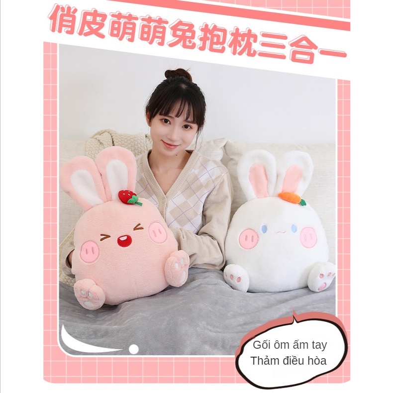 Gối Giữ Ấm Tay 3 Trong 1 Hình Thỏ Hoạt Hình Dễ Thương