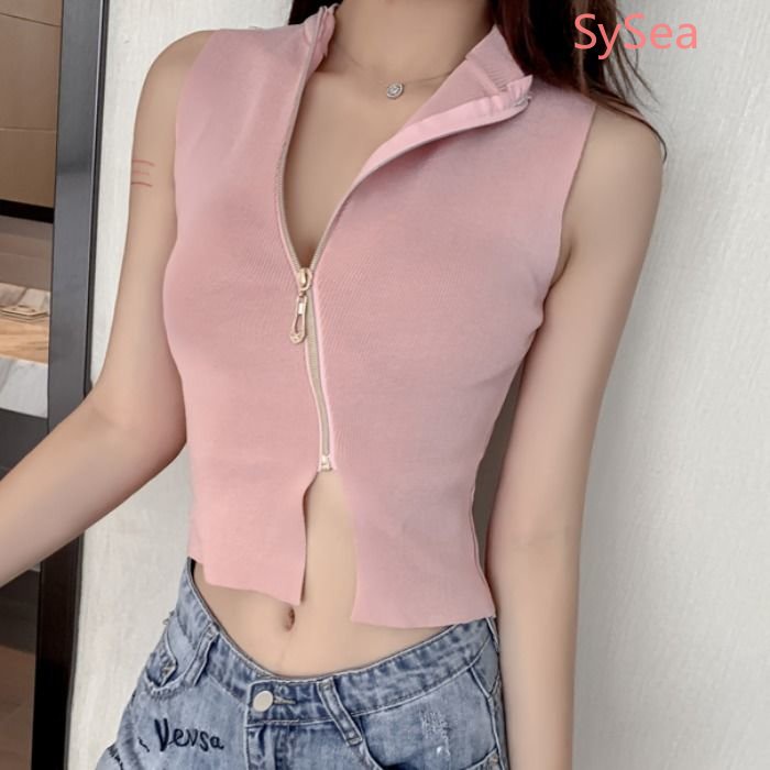 Áo Dệt Kim Sát Nách Phối Khóa Kéo Phong Cách Hàn Quốc Cho Nữ