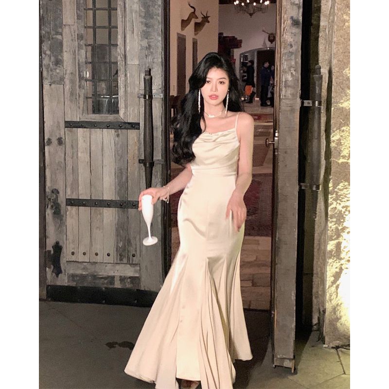 Đầm Đuôi Cá Hai Dây Bằng Vải Satin Nhún Bèo Phong Cách Pháp Thời Trang Mùa Hè