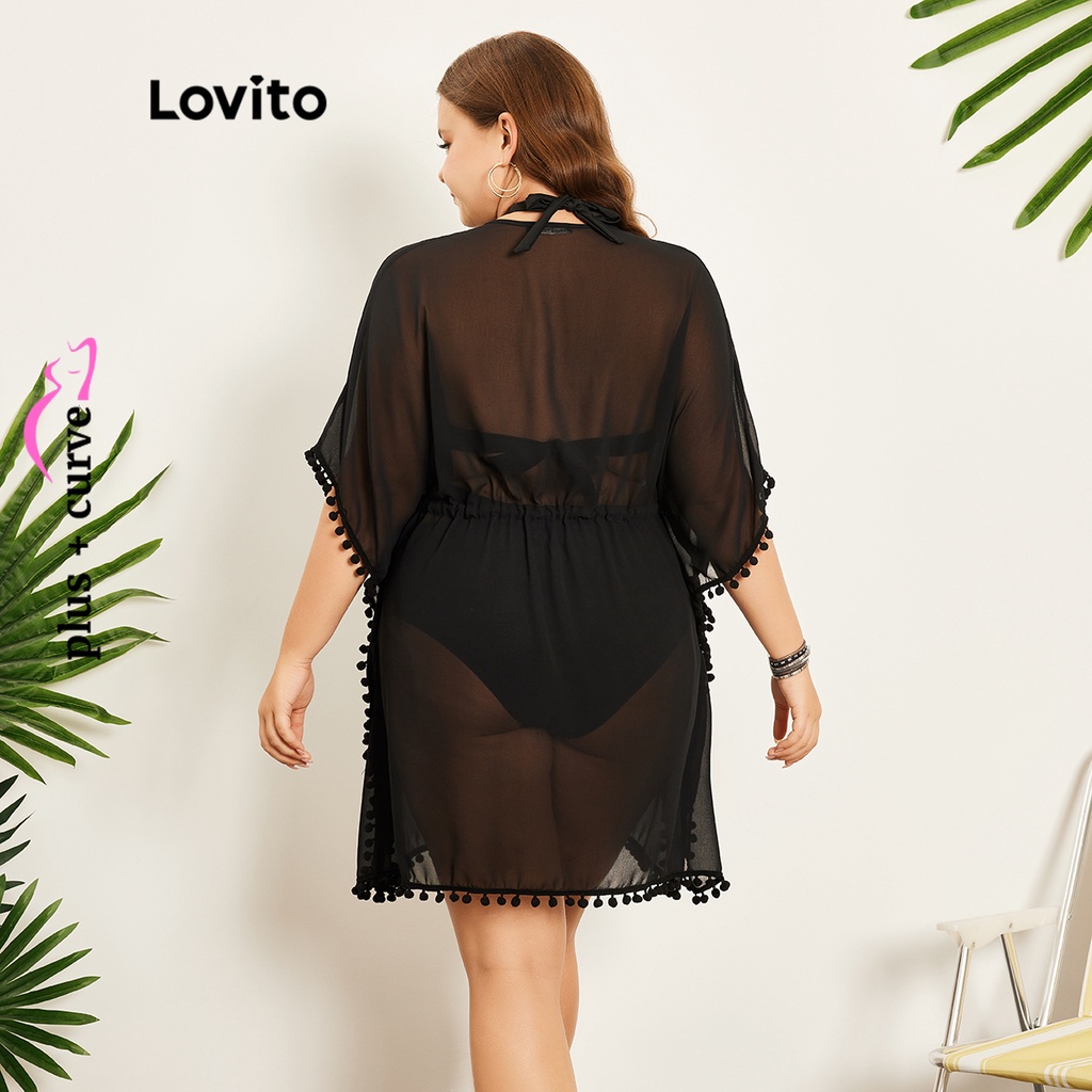 Kimono và khăn quấn Lovito tua rua dây rút màu trơn thường ngày tôn đường cong size lớn cho nữ LPS07071 (Màu đen)