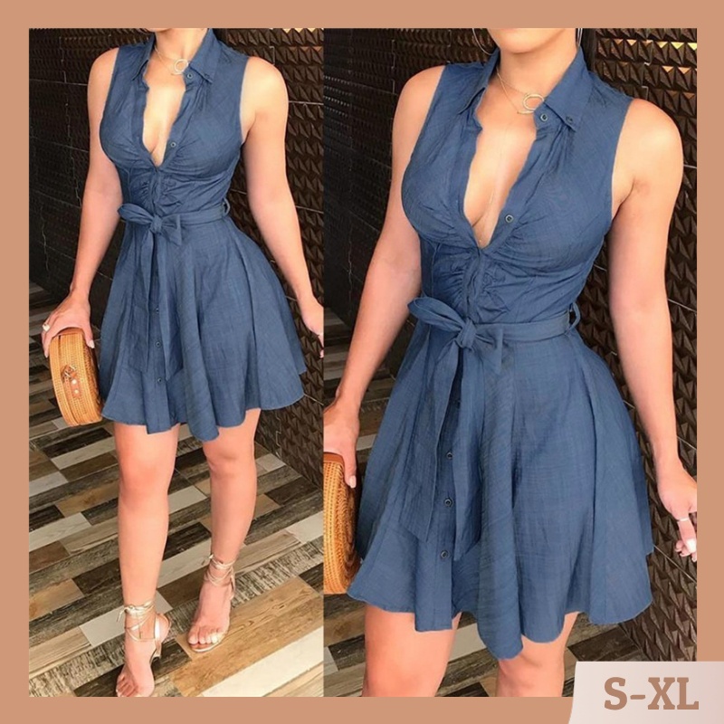 (WSQ) Đầm Jean Mini Ôm Dáng Không Tay Cổ Chữ V Quyến Rũ Dành Cho Nữ Dự Tiệc