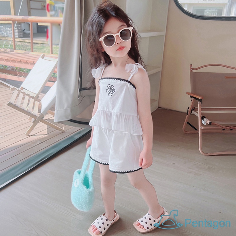 Set Đồ Mùa Hè 2 Món Gồm Áo Hai Dây + Quần Ngắn Bằng Vải Cotton Thời Trang Cho Bé Gái