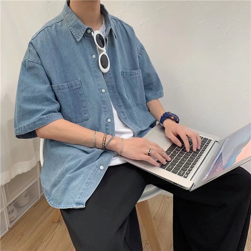 Áo Sơ Mi Denim Tay Ngắn Phong Cách Retro Hong Kong Thời Trang Mùa Hè Mới Cho Nam