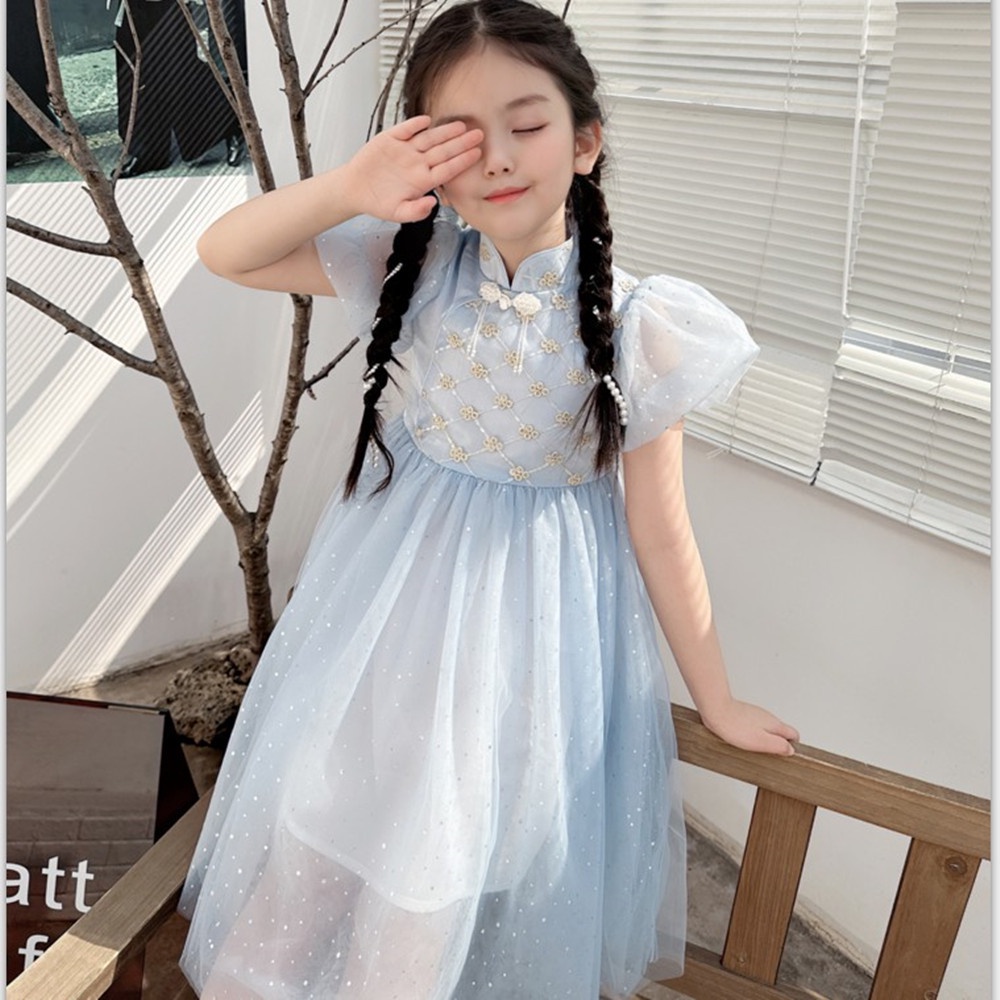 Đầm Sườn Xám Cách Tân Đính Ngọc Trai Phong Cách Vintage Cho Bé Gái