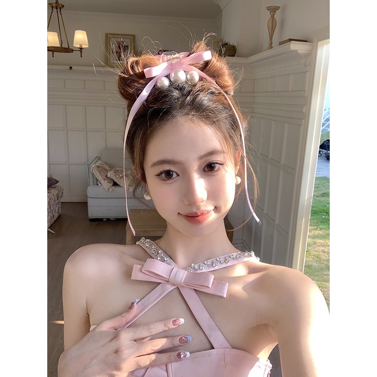 Kẹp Tóc Ruy Băng Đính Ngọc Trai Nhân Tạo Kiểu Dáng Thời Trang