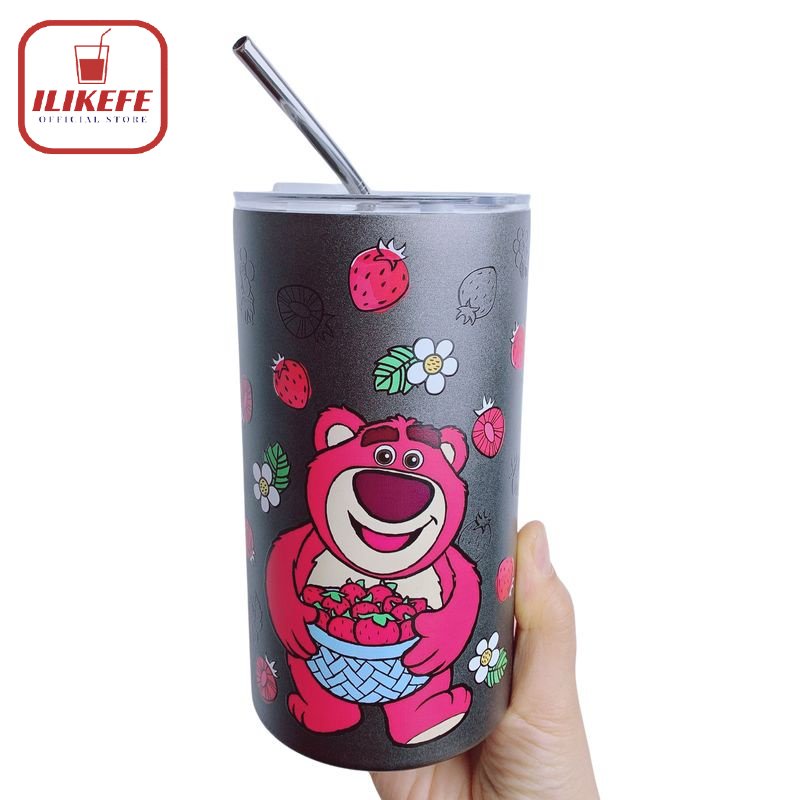 ILIKEFE Ly Giữ Nhiệt Iced Americano Inox 304 Thể Tích 600ml - Cốc Nước Giữ Nhiệt Có ống Hút Tiện Lợi - Bình Giữ Nhiệt Gấu Dâu Lotso
