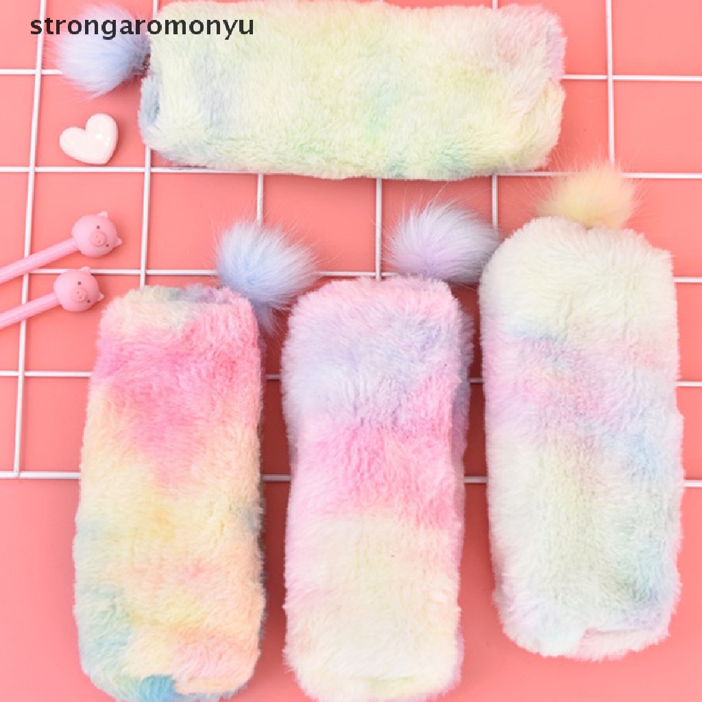 Túi Đựng Bút Bằng Lông Nhung Màu Sắc Gradient Dễ Thương Có Khóa Kéo