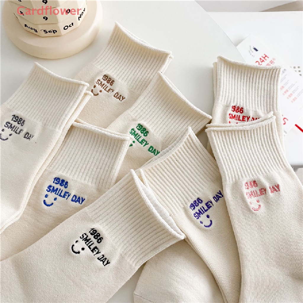 < Cardflower > Vớ Ống Lửng Màu Trắng Thêu Hình Mặt Cười Phong Cách Đại Học Janpaese Mới