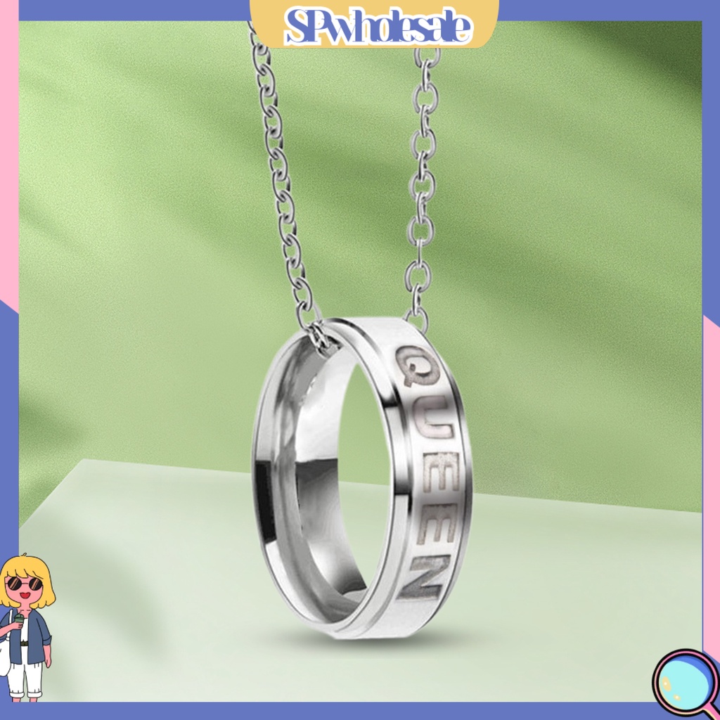 &lt;SPwholesale&gt; Vòng cổ Mặt Nhẫn Cong Khắc Chữ King Queen Dành Cho Cặp Đôi