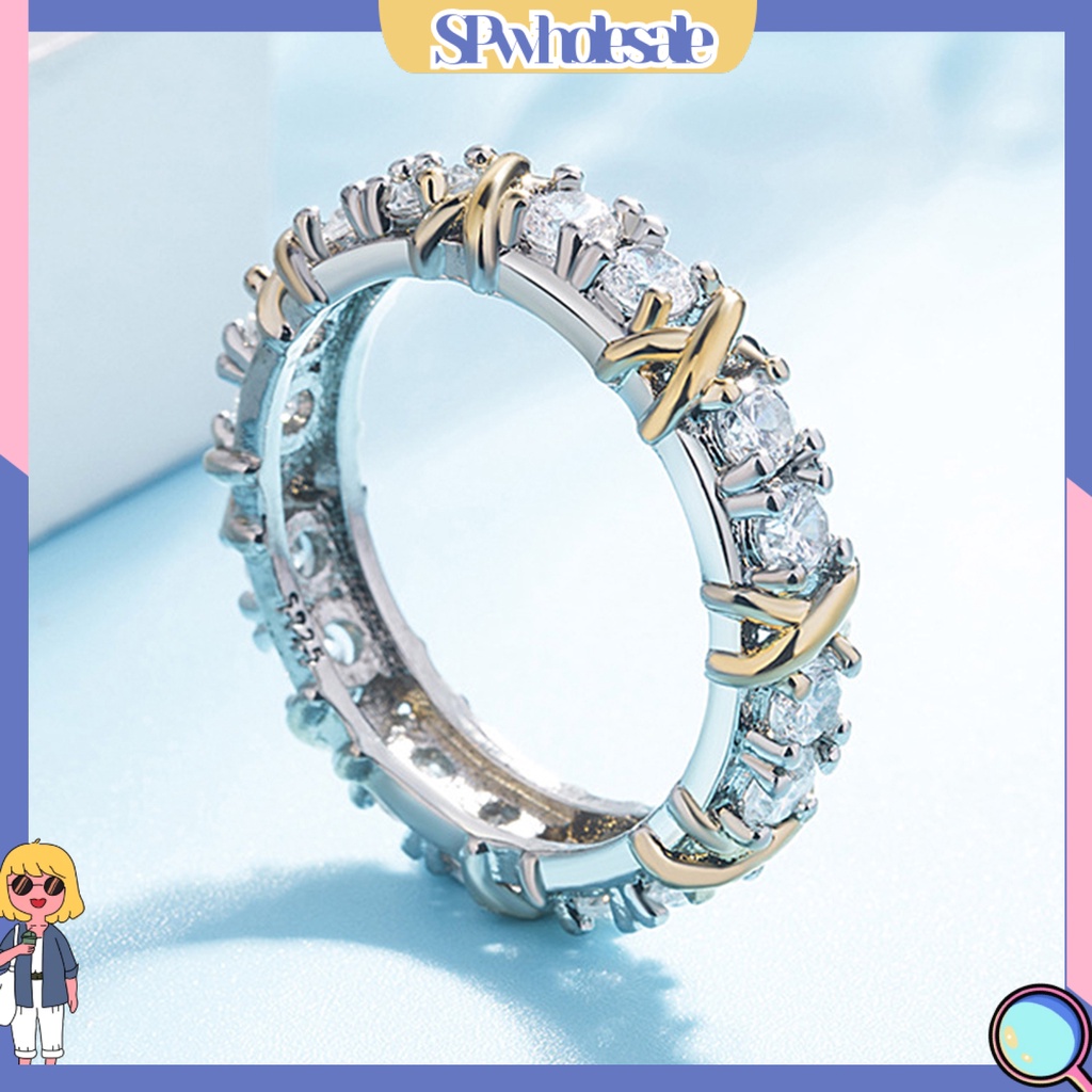 &lt;SPwholesale&gt; Nhẫn Bạch Kim Màu Đôi Hình Chữ X Đính Đá Thời Trang Cho Nữ
