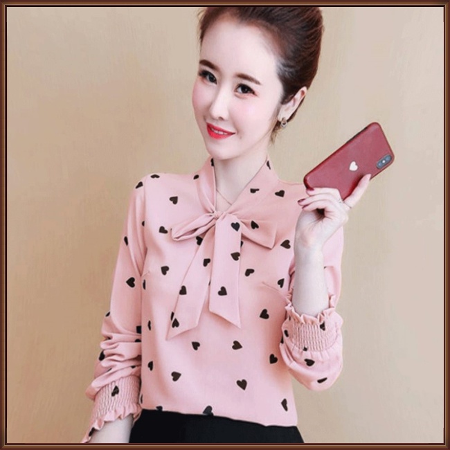 Áo Sơ Mi Tay Dài Cổ Đứng In Họa Tiết Thắt Nơ Xinh Xắn Cho Nữ