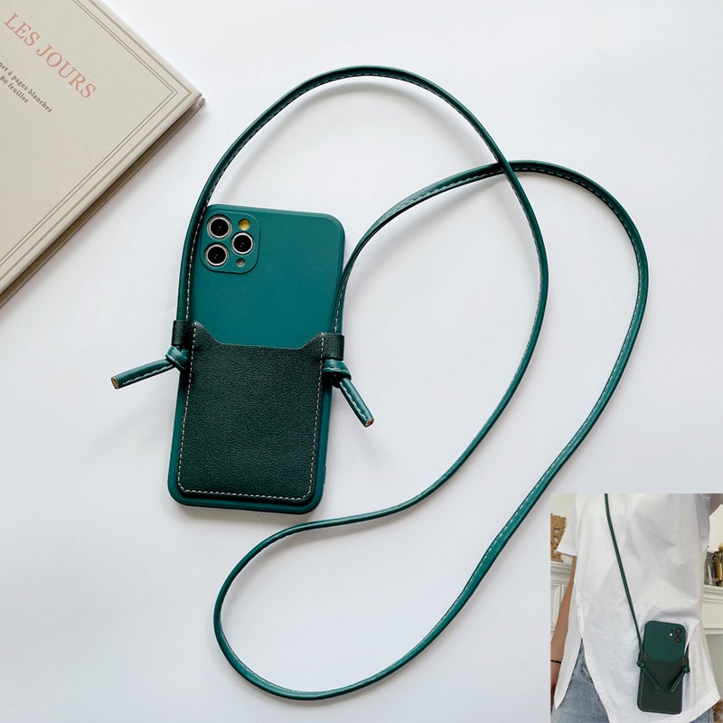 Ốp Điện Thoại Silicon Dẻo Phối Da Có Ngăn Đựng Thẻ Và Dây Đeo Chéo Cho IPhone X XR XS 7 8 Plus SE 2022