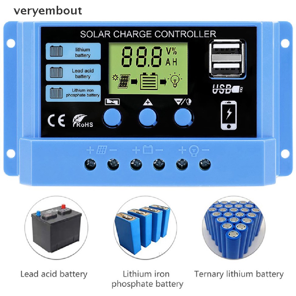 Bộ Điều Khiển Sạc Năng Lượng Mặt Trời Tự Động 30A 20A 10A 12V 24V Có Màn Hình LCD