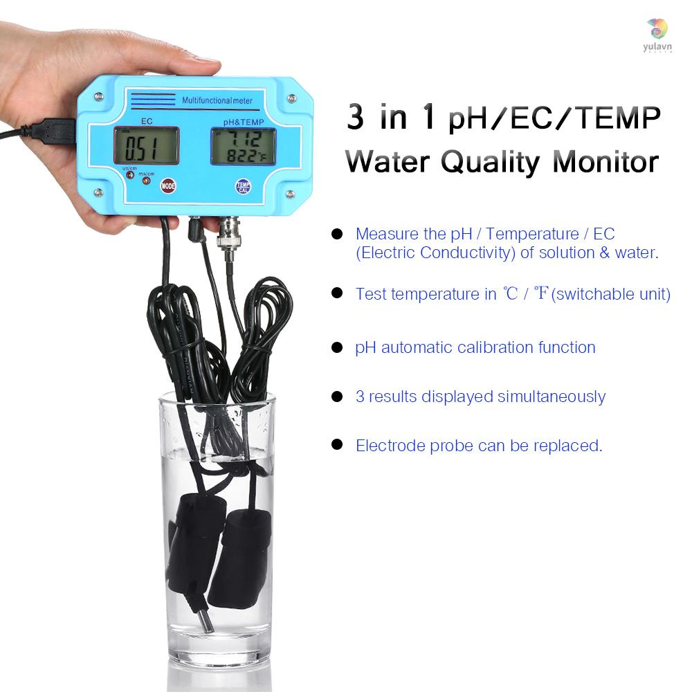 Máy Đo Nhiệt Độ Nước 3 Trong 1 pH / EC / TEMP Đa Năng Có Màn Hình LCD