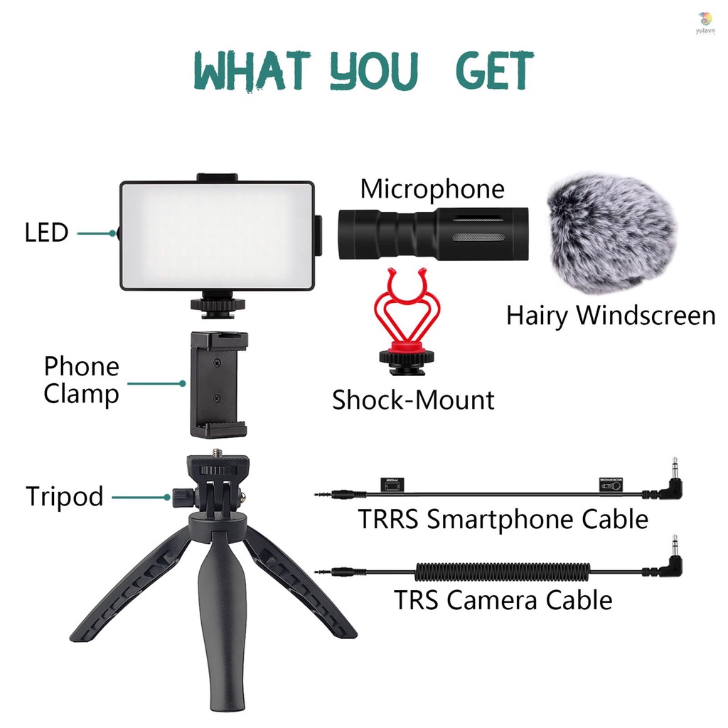 Bộ Dụng Cụ Ghi Âm Video Với Đèn LED Và Kẹp Gắn Điện Thoại Chống Sốc Và Dây Cáp TRS / Ts