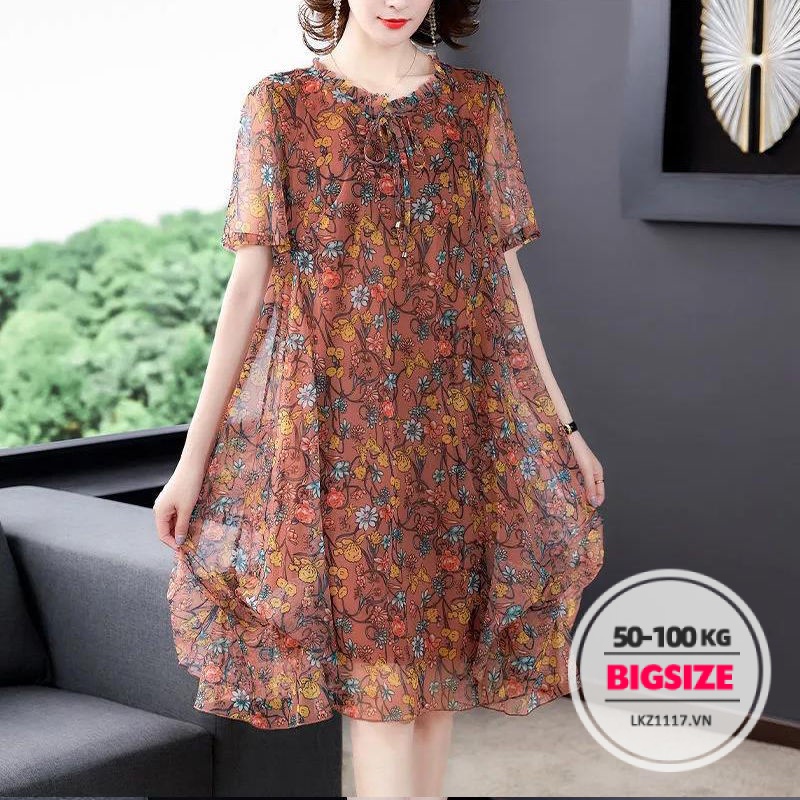 Đầm trung niên Bigsize nữ Váy hoa nhí voan dáng suông tay ngắn cổ tròn mùa hè，Đầm trung niên sang trọng cho mẹ đẹp thời trang Cao Cấp