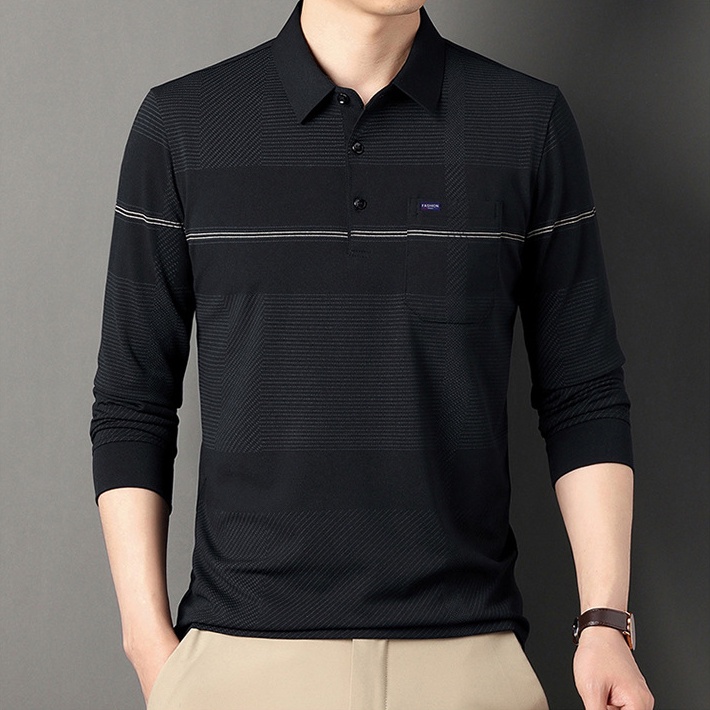 ☞Áo Thun polo Tay Dài Dáng Ôm In Họa Tiết Kẻ Sọc Ngang Có Túi Thời Trang Cho Nam