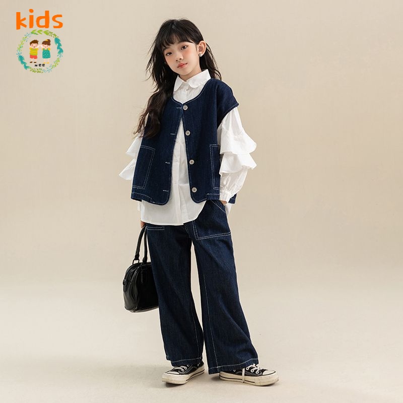 Bộ Áo Khoác Jean Không Tay + Quần Jeans Phong Cách Phương Tây Thời Trang Xuân Thu Mới Cho Bé Gái 3-5 - 8-10 - 12-13 Tuổi