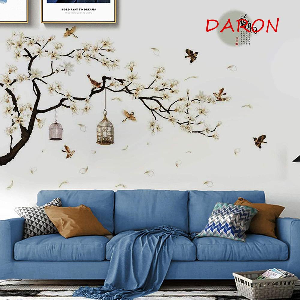 Đề Can Dán Tường Tự Dính DIY Hình Mặt Trăng Và Chim Bay Phong Cách Trung Hoa