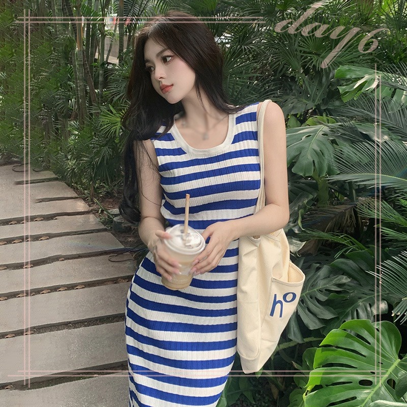 Đầm Dệt Kim Sát Nách Dáng Dài Cổ Tròn Họa Tiết Kẻ Sọc Thời Trang Mùa Hè Xinh Xắn Cho Nữ