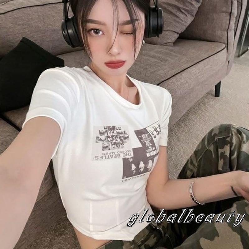 Áo Thun Crop Top Tay Ngắn Cổ Tròn Dáng Ôm In Họa Tiết Phong Cách Vintage Dành Cho Nữ