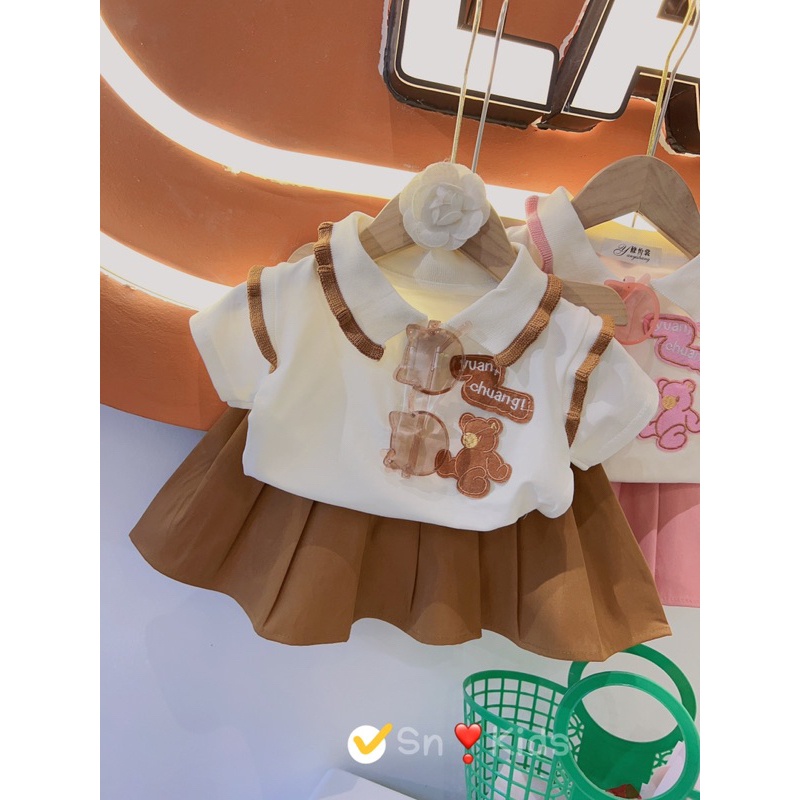 Set chân váy dập ly áo gấu bé gái Jane SnKids 10-30kg