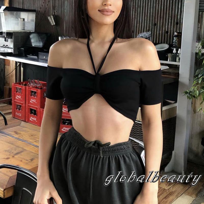 Áo Croptop Trễ Vai Tay Ngắn Màu Sắc Đơn Giản Cho Nữ