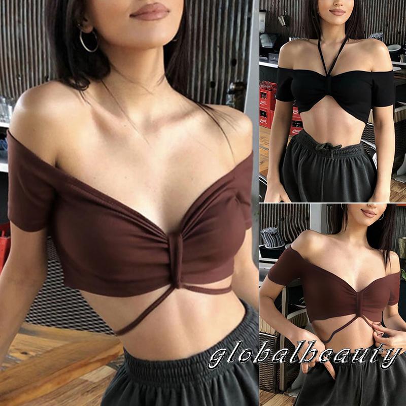 Áo Croptop Trễ Vai Tay Ngắn Màu Sắc Đơn Giản Cho Nữ