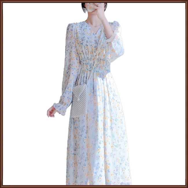 Đầm Chiffon Dáng Dài in Họa Tiết Hoa Phong Cách Pháp Cổ Điển Thời Trang Cho Nữ